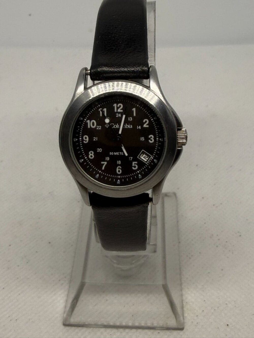 Columbia Women's Silver-Tone Black Dial Arabic Numeral Date Leather Watch WR100M